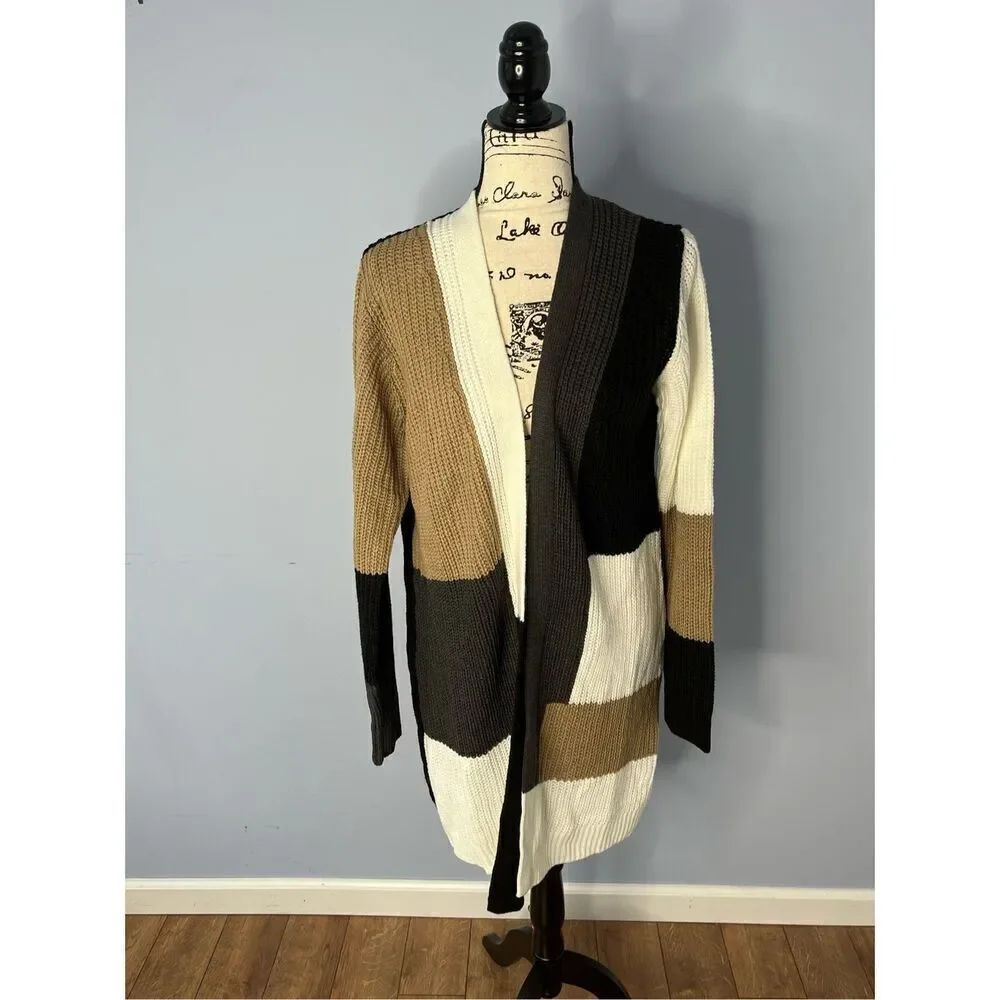 Fortune + Ivy Women's Large Black Brown Colorblocked Cardigan Sweater Open Front